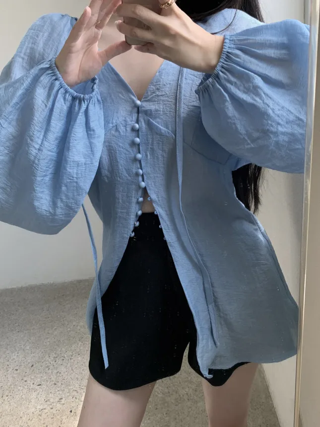 Femme coupe ample bulle Sve irt v-ne cravate taille bouton unique Ele Sle Long Sve couleur trajet Faion