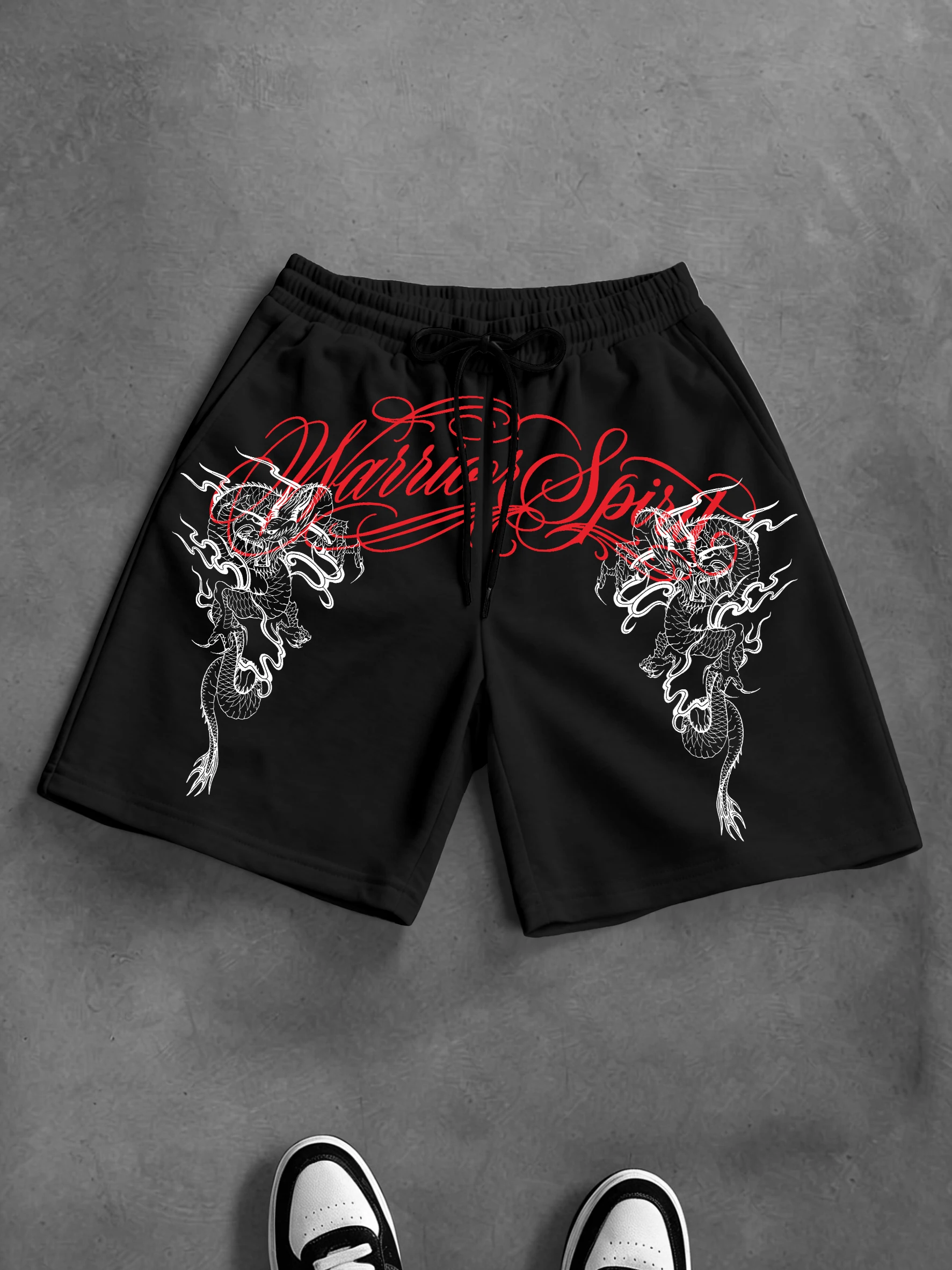 

Men's Oversized Gothic Streetwear Shorts Brand Dual Dragon Warrior Spirit Print Polyester Black Multi Color Shorts S-2XL All Siz