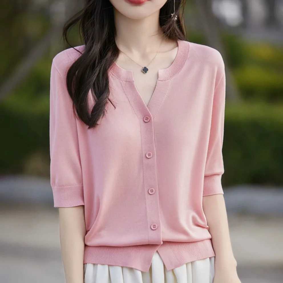 

ort Sve V-Ne Вязаный кардиган из ледяного шелка Женская верхняя одежда Удобный дышащий летний легкий цвет