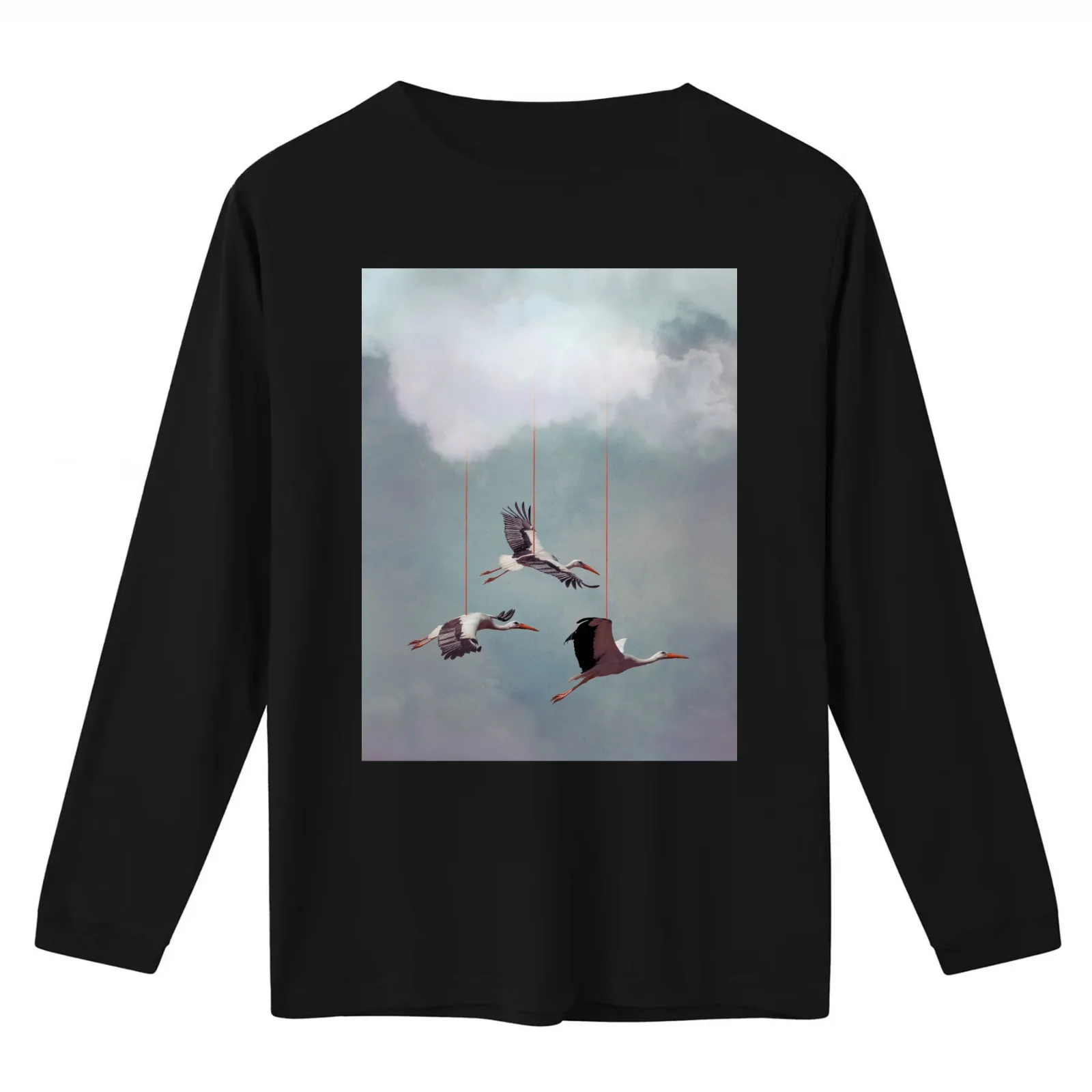 Suspend Belief' - White Storks hanging from Clouds T-Shirt Summer Casual Cotton Tee Oversized Streetwear Tops 100% Cotton