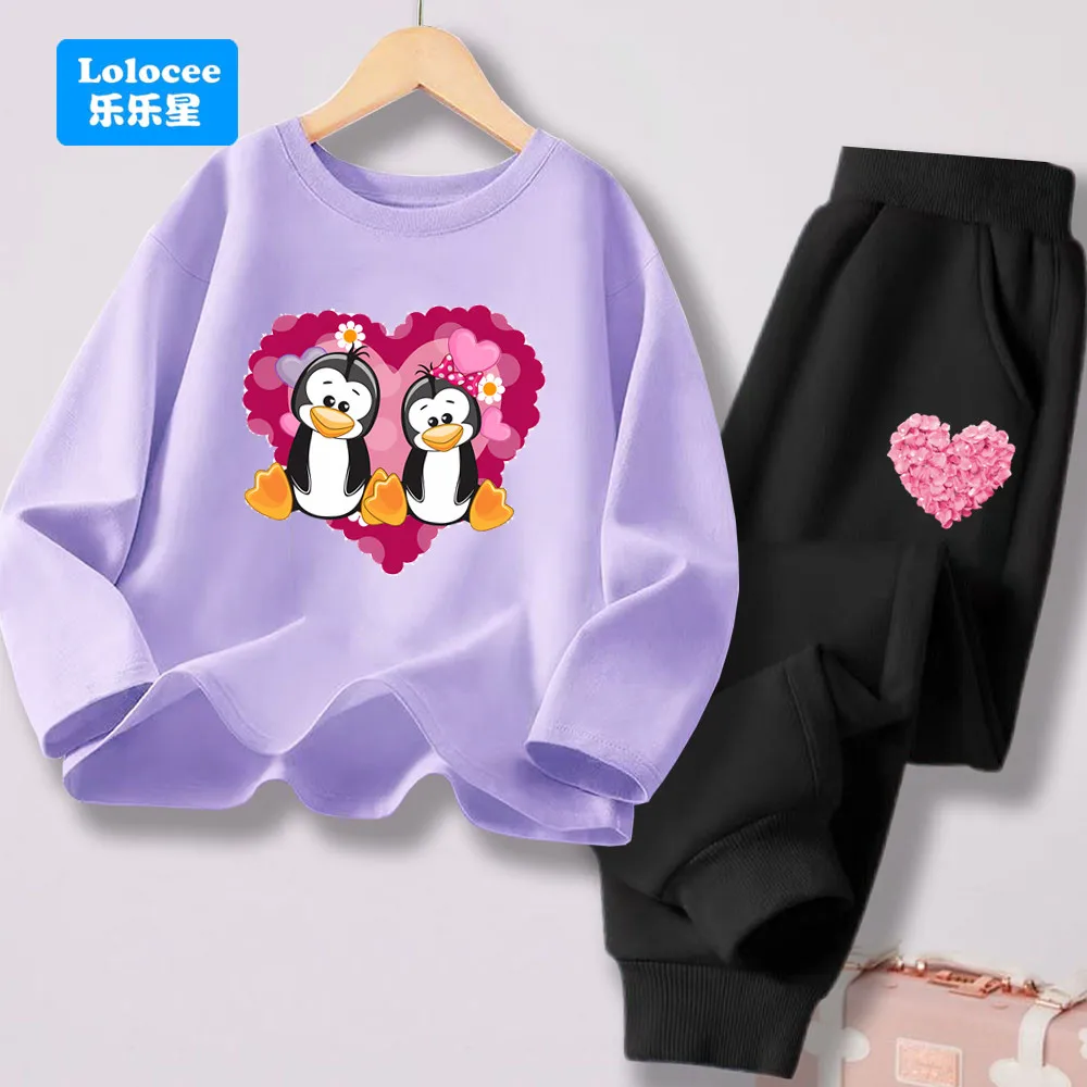 Frühling Herbst Baby Mädchen Kleidung Sets Kinder Nette Pinguin Herz Druck Langarm T-shirt Tops + Hosen Anzüge Kinder Trainingsanzug QE01