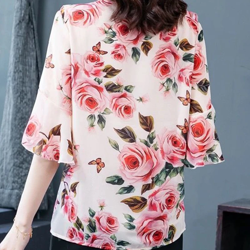 Women\'s Clothing Summer Three Quarter Tee Shirt Bow Tie Flowers Floral Printing Loose V-Neck Blouse Elegant Fashion Casual Tops