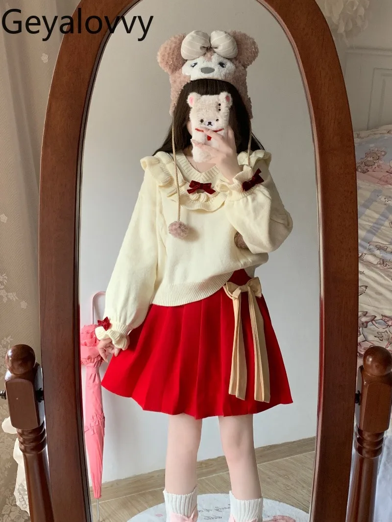 

Вязаный свитер с длинными рукавами и цветочным воротником и бантом и новогодний красный короткая юбка с высокой талией, милый женский осенне-зимний комплект