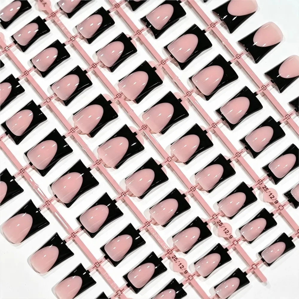 120pcs Glossy Black French Duck False Nails, Medium Tips