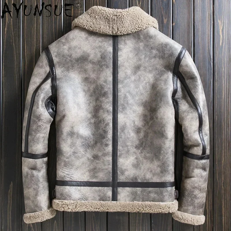 AYUNSUE 2025 Winter Jacket Men Clothing Motorcycle Jackets Genuine Sheepskin Leather Sheep Shearing Coat Veste Homme LXR1069