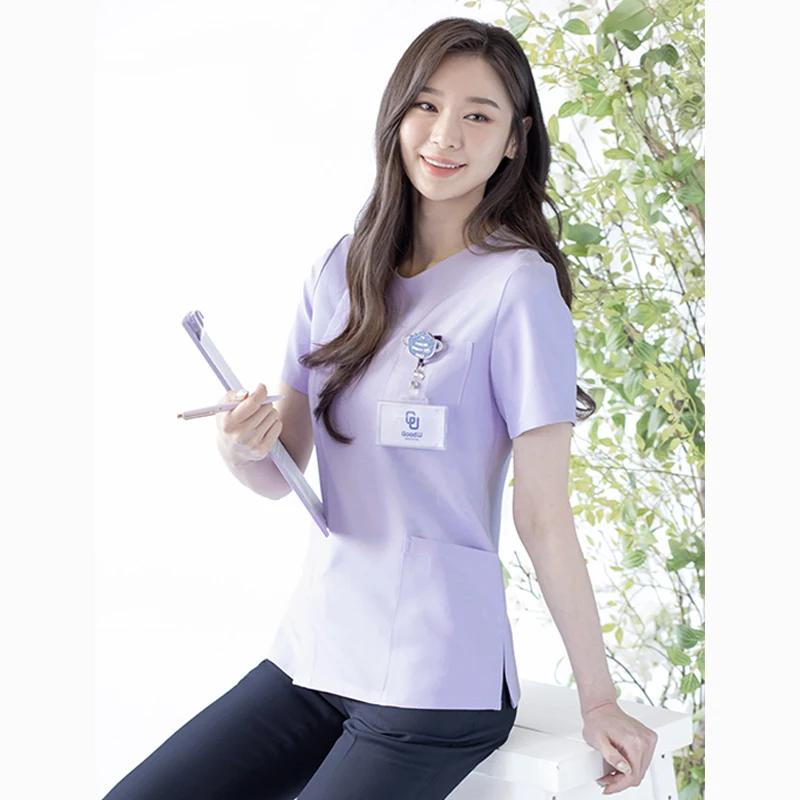 Scrub Light Purple Tops Women Beauty Salon SPA Short Sleeve Nurse Uniforms Medical Dental Overalls Sets