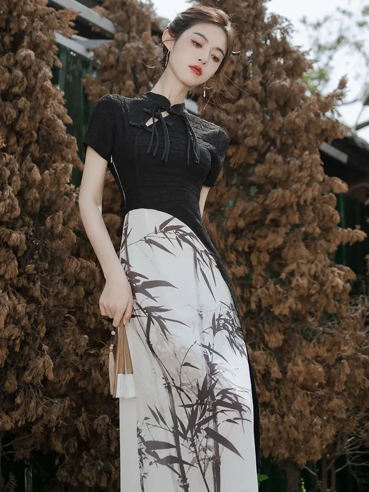 Fashion New Chinese Style Cheongsams Sexy Off Shoulder Qipao Black Patchwork Bamboo Chinese Dress Female Mandarin Collar Qipao