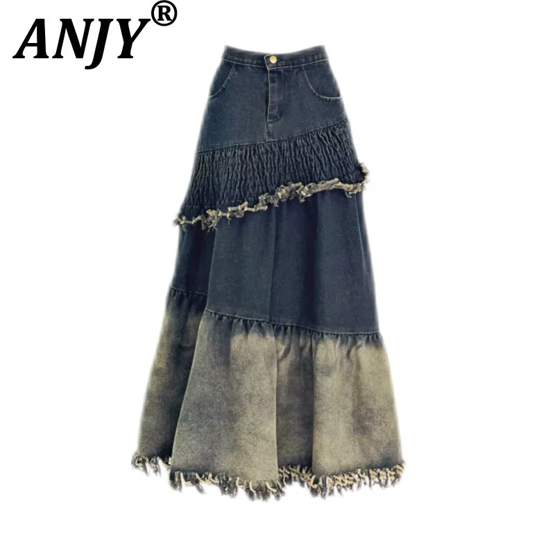 

ANJY Autumn New Women Chic Skirt Patchwork Denim Folds Burr Washed Contrast Color Asymmetric Vintage Streetwear Ins Skirts A8695