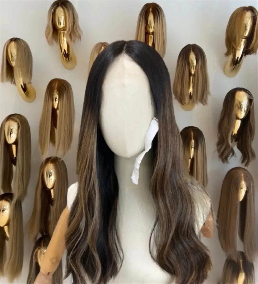 Balayage Lace Front Wig Dark Brown Highlights Streaks Wigs Synthetic Lace Wigs 24Inch For Fashion Women 13x4 HD Glueless Wigs