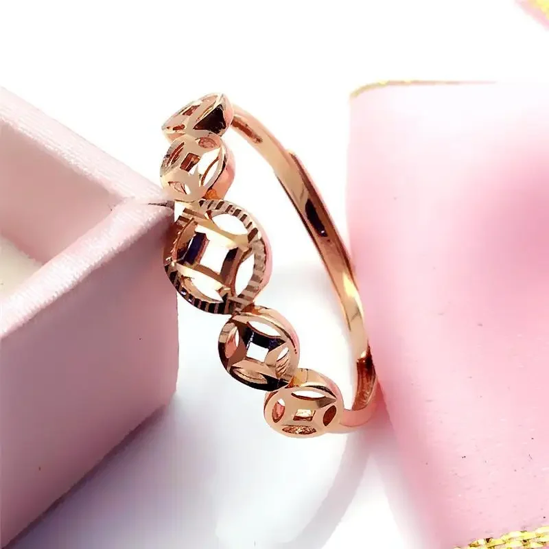 Copper Coin Resizable Rings for Women Classic Chinese Style Fashion Wedding Plated Rose Gold Jewelry Gift