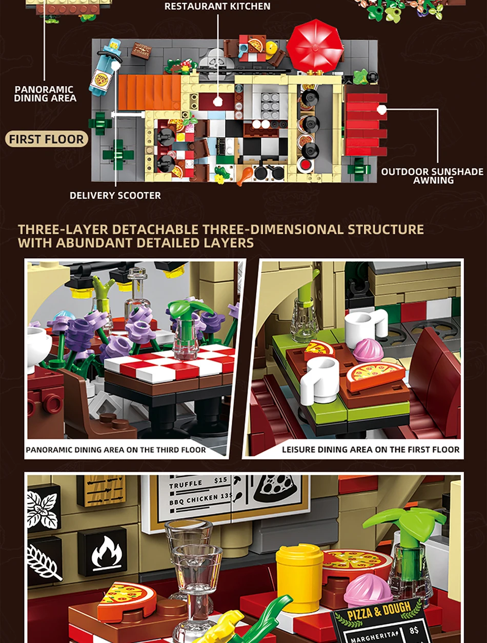 City Series MOC 1962pcs Pizza Shop Model Building Blocks DIY Pizza Restaurant Bricks Toys Gifts For Men Boy Desktop Ornament