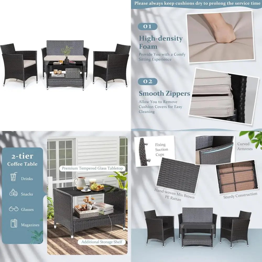 

Комплект садовой мебели из 4 предметов из искусственного ротанга с подушками и стеклянной столешницей (коричневый)