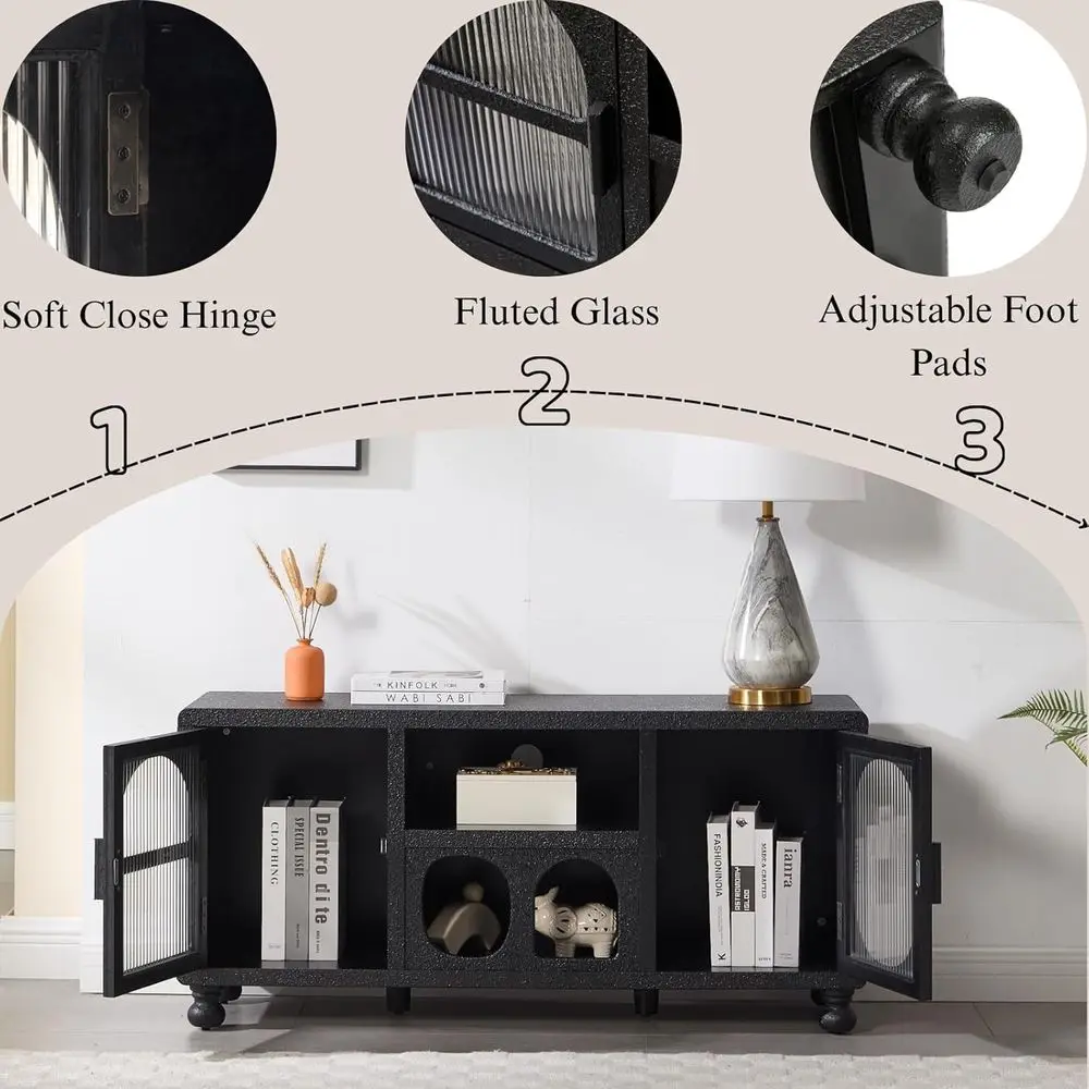 47 Wide Glass Door Accent Sideboard with Arched Doors and Shelf for Home Entryway, Black view 3