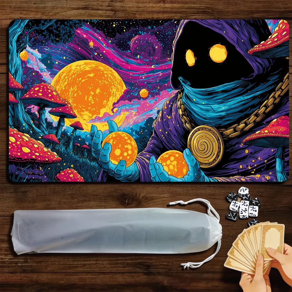 Fantasy Mushroom Mage TCG Playmat Magic Playmat Gathering Gaming Mat with Stitched Edge Anti-slip base 60X35cm Trading Card Game