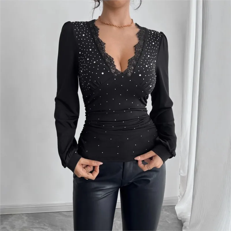Sexy Lace V Neck T Shirt For Women Fashion Black Sequins Long Sleeve Slim Pullover Tee Shirt Femme Casual Holiday High Street