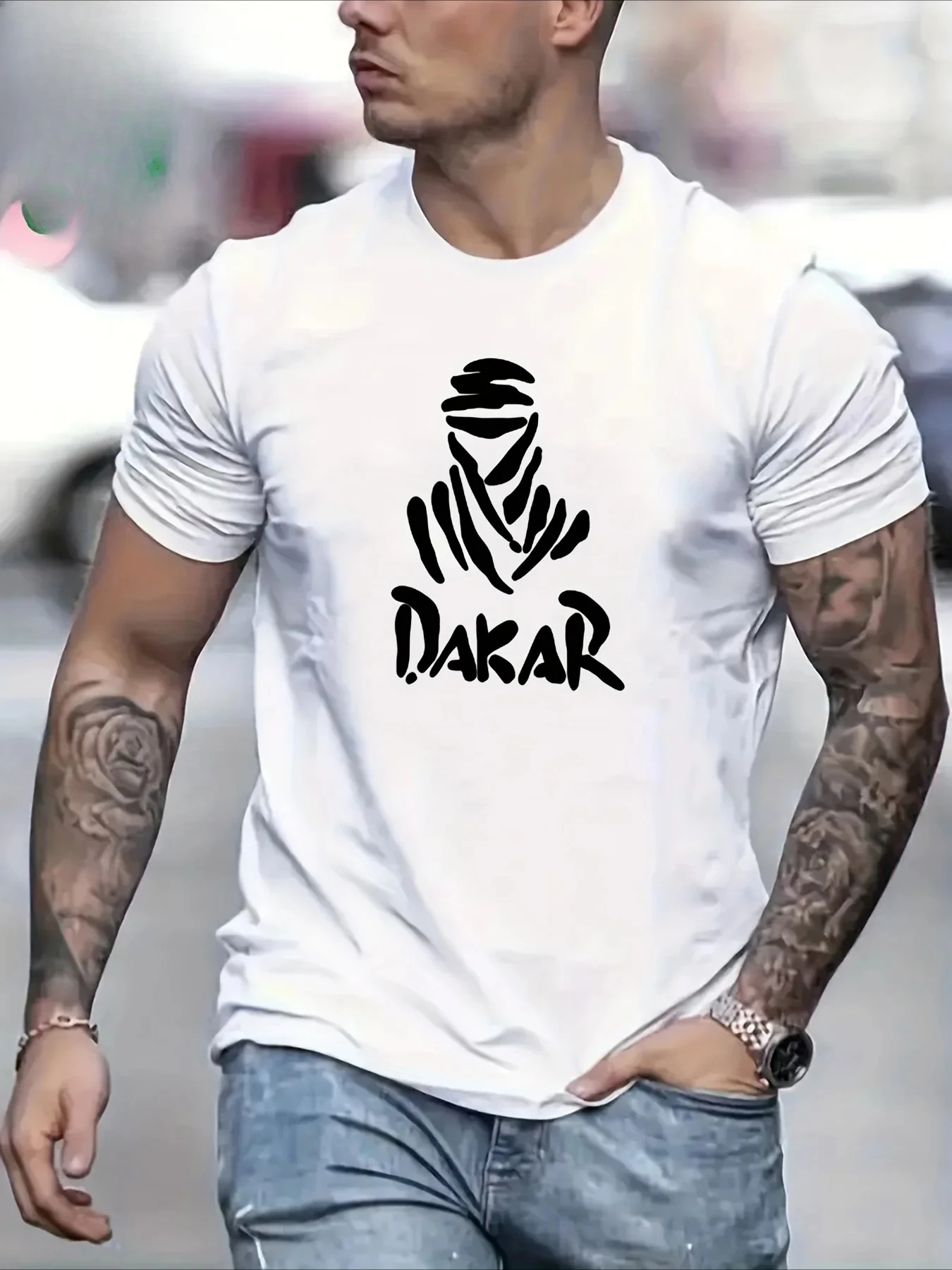 

Men's Summer 100 Cotton Fashionable Casual Loose Large Size Dakar Style Printed Round Neck Short Sleeve T-shirt Top