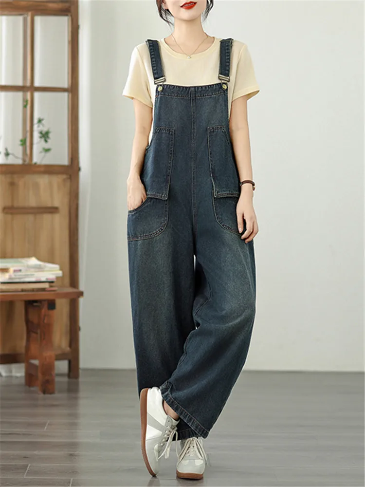

Spring Autumn Fashion Women's Multi Pocket Cargo Suspender Female Vintage Patchwork Blue Denim Overalls Casual Loose Jumpsuits