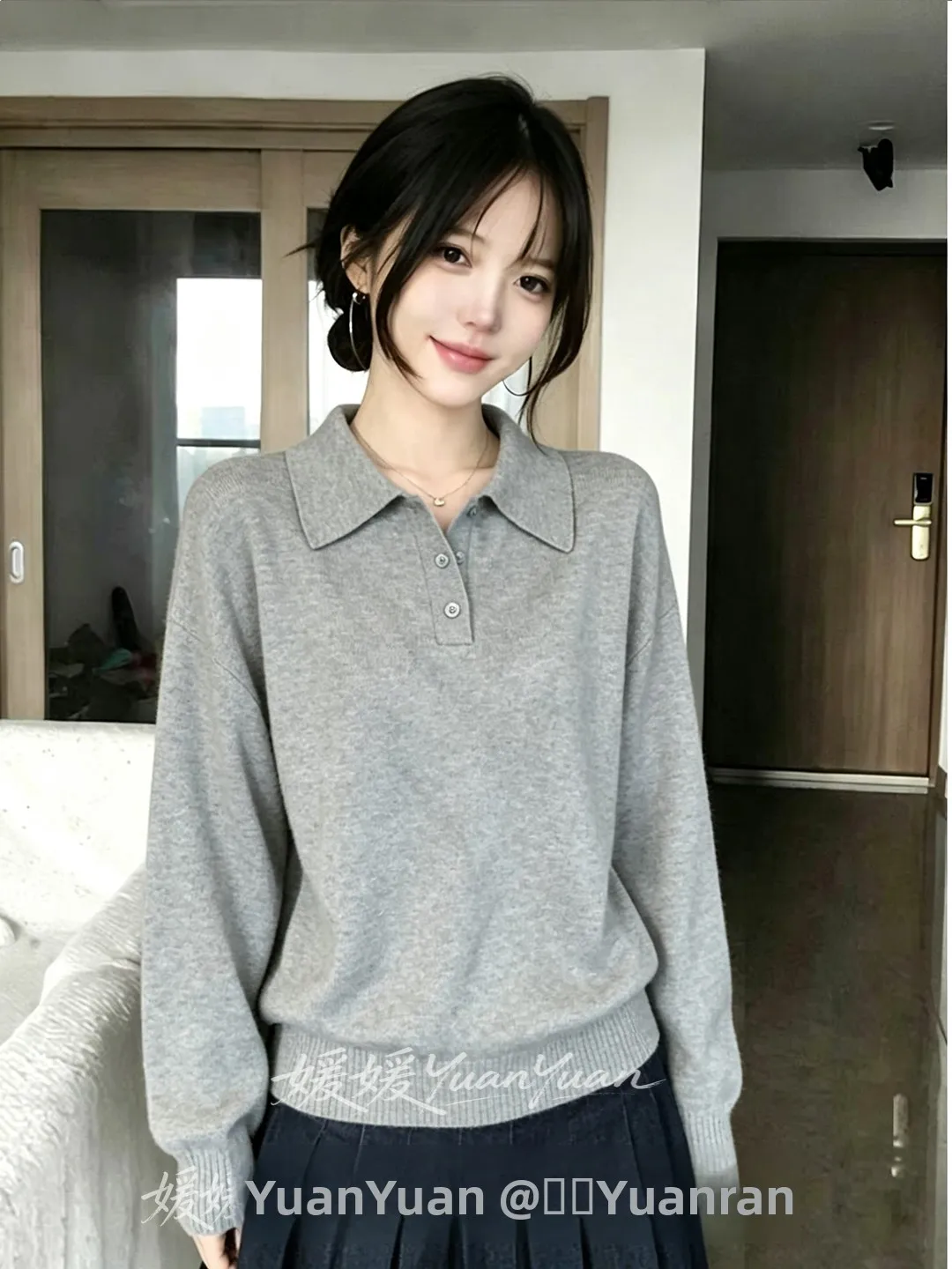 Slim Fit Grey  Neck Long Sleeve Knitted Sweater Fashionable Retro Style Women's Top Gentle First Love Collection 2026 Spr...