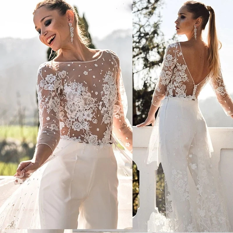 Backless Wedding Jumpsuit Wedding Dresses Sheath 3/4 Sleeves Tulle Lace Boho Wedding Gown Bridal Jumpsuit Vestidos De Novia