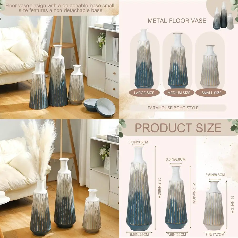 

Set of 3 Metal Vases - Tall Decorative Floor Vases, 27/21/16 Inches, Detachable, Vintage Style, Blue Gray Ombre, Suitable for Li