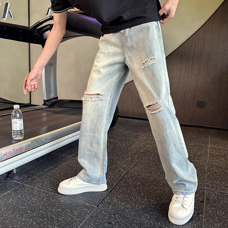 2025 quatro estações moda masculina lavada vintage cor sólida buraco remendado casual na moda solta calças jeans retas masculino jean