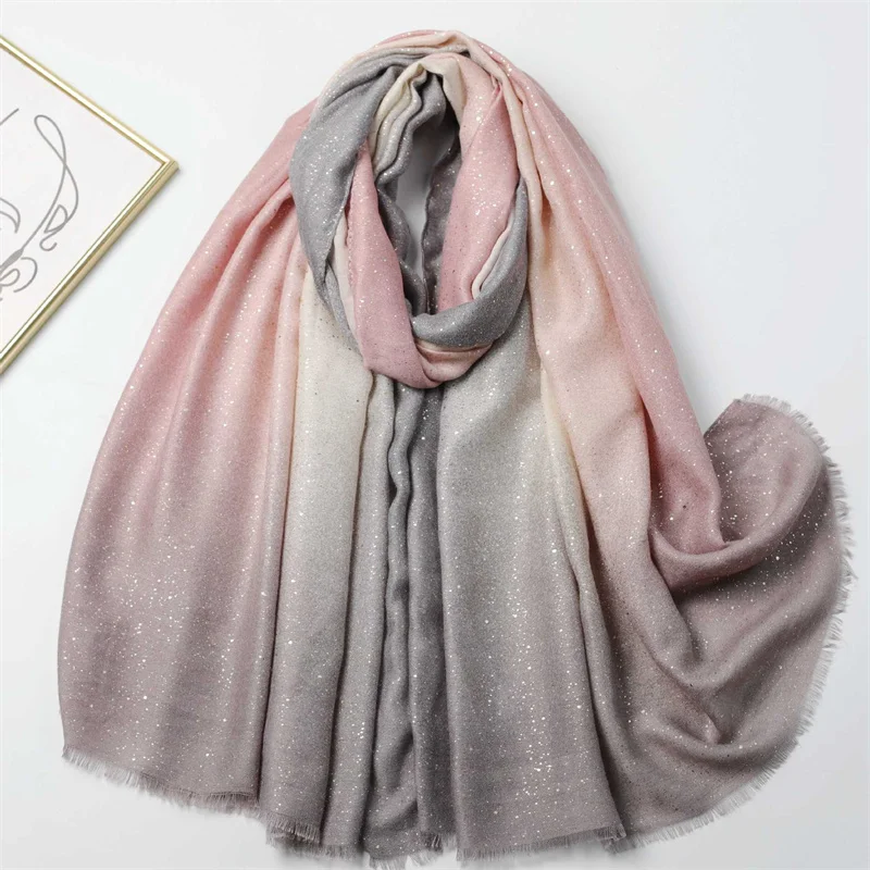 Winter Thick Cotton Viscose Scarves Ombre Gradient Glitter Shimmer Fringe Shawls And Wraps Pashmina Stole Bufandas Muslim Sjaal