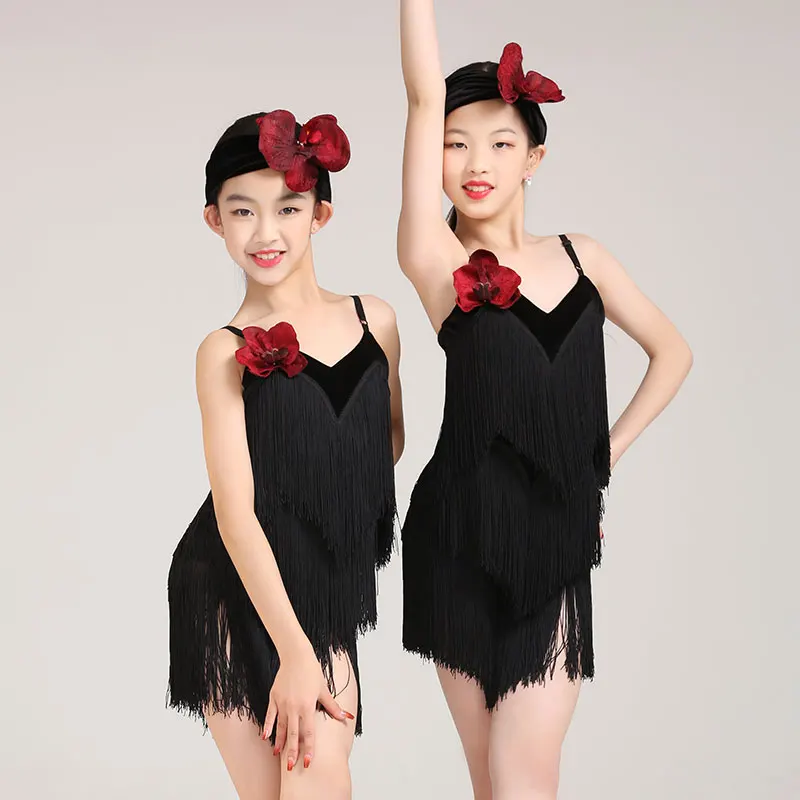 

Kids Latin Dance Dress Girls Black Fringe Dress Summer Suspender Dress Cha Cha Rumba Samba Practice Performance Wear DNV19407