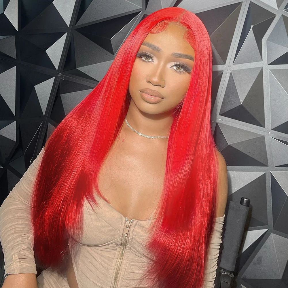 36 بوصة العظام مستقيم الساخن الأحمر الدانتيل أمامي خصلات الشعر المستعار الإنسان قبل نتف البرازيلي بورجوندي 13x4 13x6 الدانتيل شعر مستعار أمامي للنساء