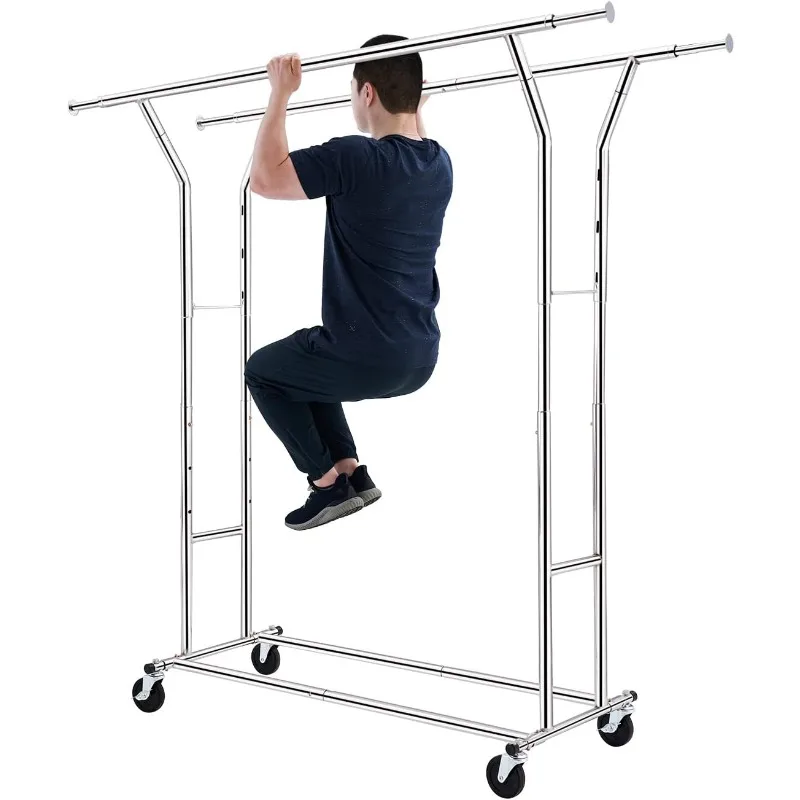 

Clothes Rack Heavy Duty Load 400Lbs, Rolling Clothing Racks for Hanging Clothes, Commercial Garment Rack, Collapsible