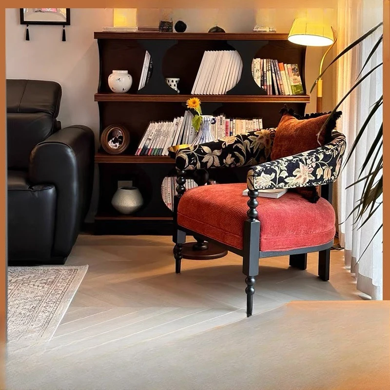 

French retro solid wood sofa, fabric bedroom, living room single chair