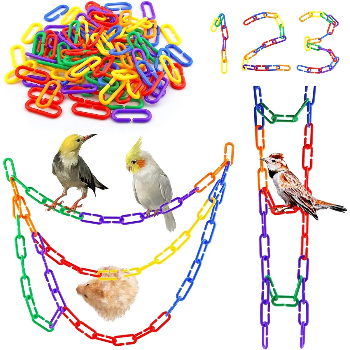 100Pcs Plastic C-link Hook Chain Toys for African Grey Conure Cockatiel Colorful Parrot Hook Link Bird Toys