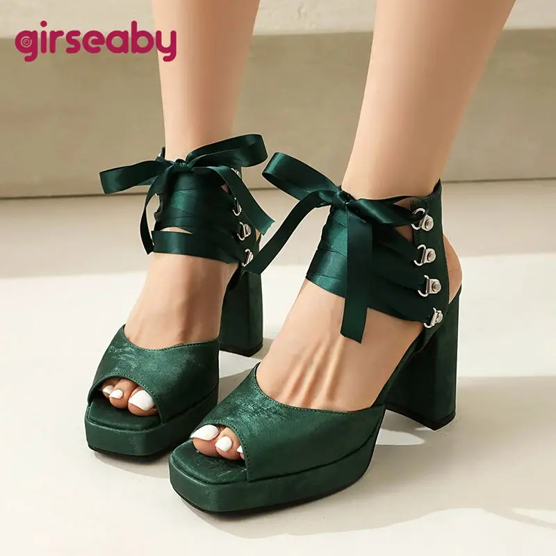 

Girseaby Korea Women Sandals Square Toe Chunky Heels 9.5cm Platform 2cm Lace Up Large Size 45 46 47 Sexy Party Fashion Shoes