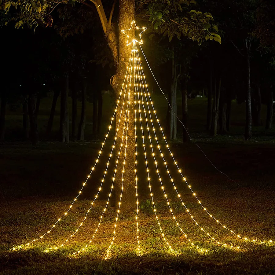 9x2M Christmas Decorations Star String Lights 180LED Waterfall Tree Fairy Lights with Top Star Outdoor Decor Garland Light