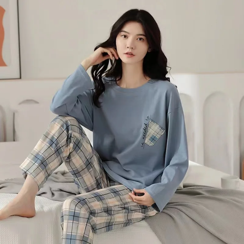 

Spring and Autumn New Ladies Long-Sleeved Pajamas Homewear Suit Female Korean Version of the Loose Round Neck Suit Homewear