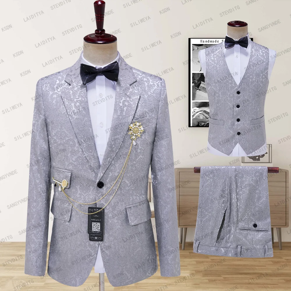 

SILIWEYA 2023 New Arrival Men Suits Gray Wedding Tuxedo for Groom Satin Lapel Groomsmen Wedding Best Man ( Jacket+Pants+Vest )