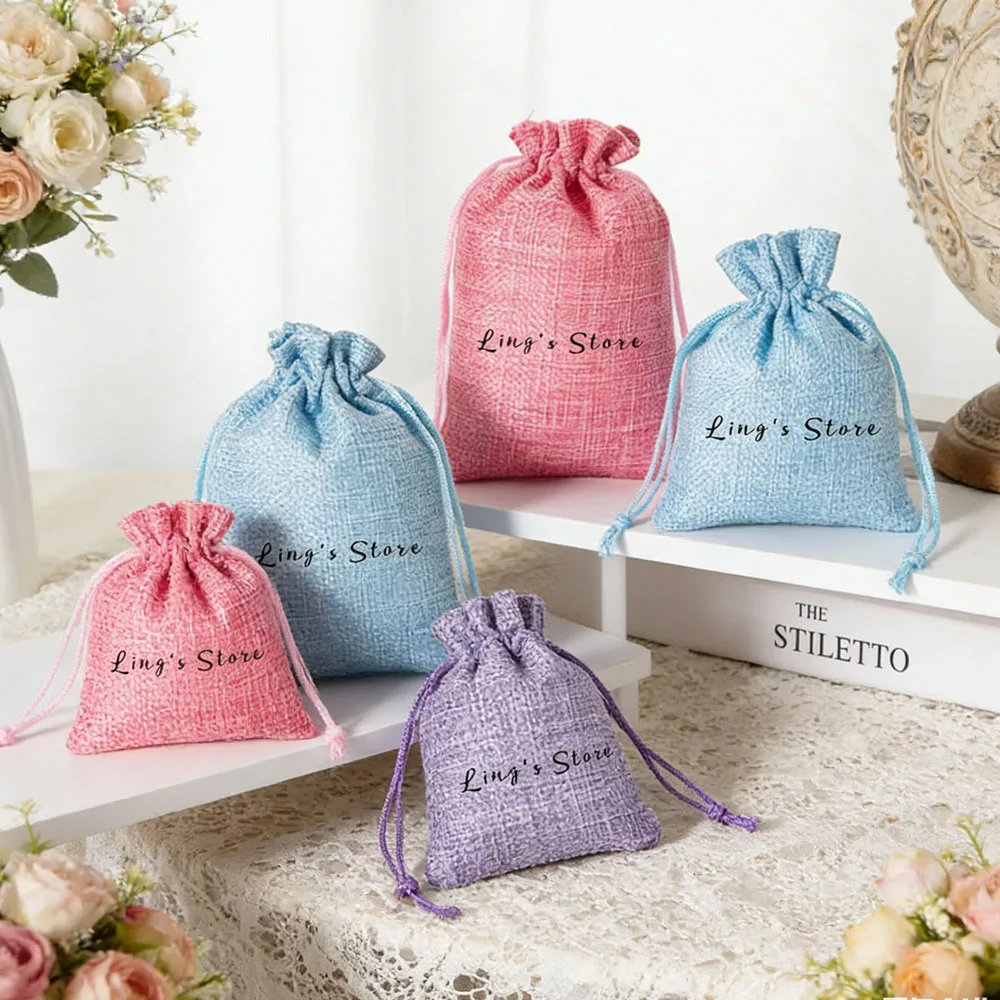 

100Pc Personalized Jewelry Packaging Linen Gift Bag with Drawstring Reusable Small Natural Burlap Jute Wedding Favors Gift Pouch