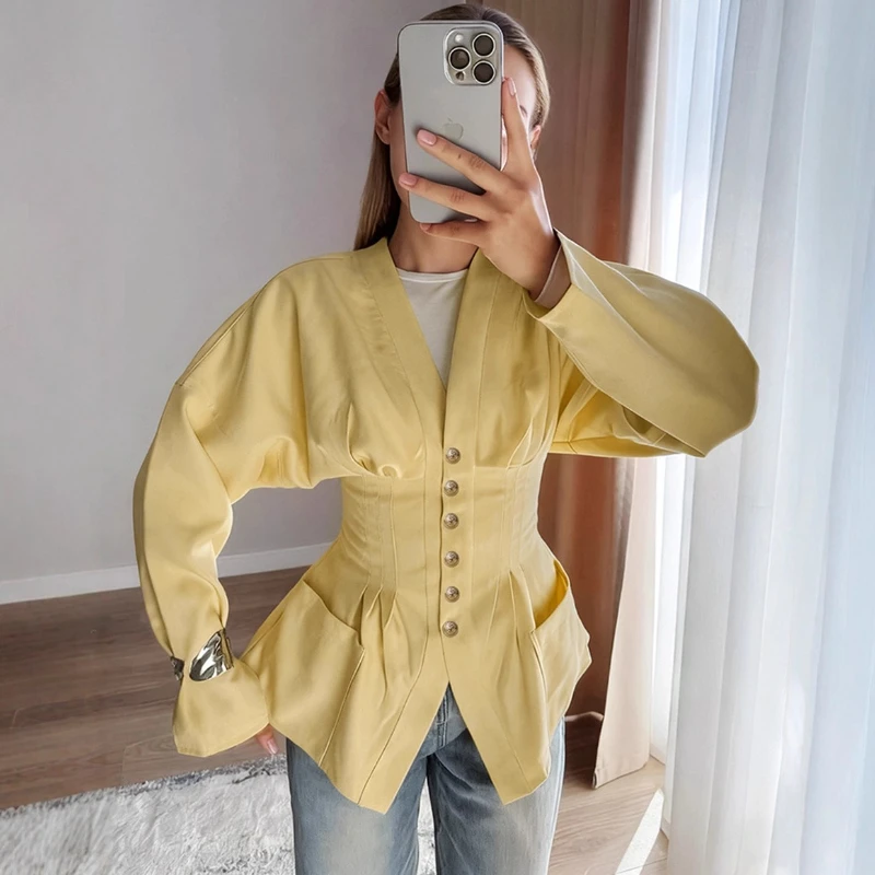 

TARUXY Fashion Receive Waist V-Neck Shirt Women's Slim Solid Long-Sleeved Single-Breasted Wrinkles Elegant Autumn Leisure Shirt