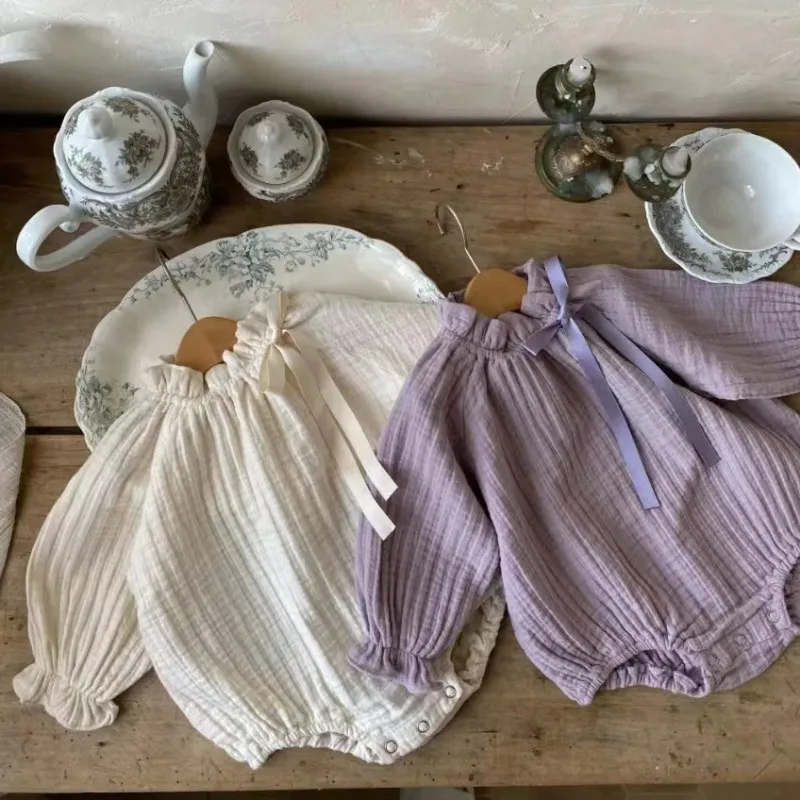 ZOETOPKID Newborn Baby Clothes Spring New Korean Baby Girl's One Piece Clothes Ribbon Ruffled Collar Climbing Clothes