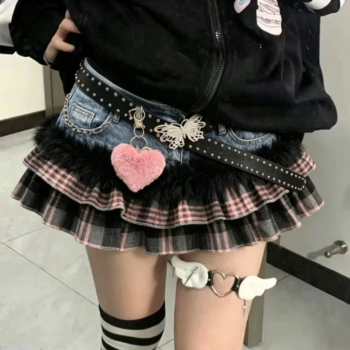 Punk Vintage Black Leopard Print Denim Mini Skirt Y2K American Alternative Grunge Streetwear Women Stylish Short Skirt