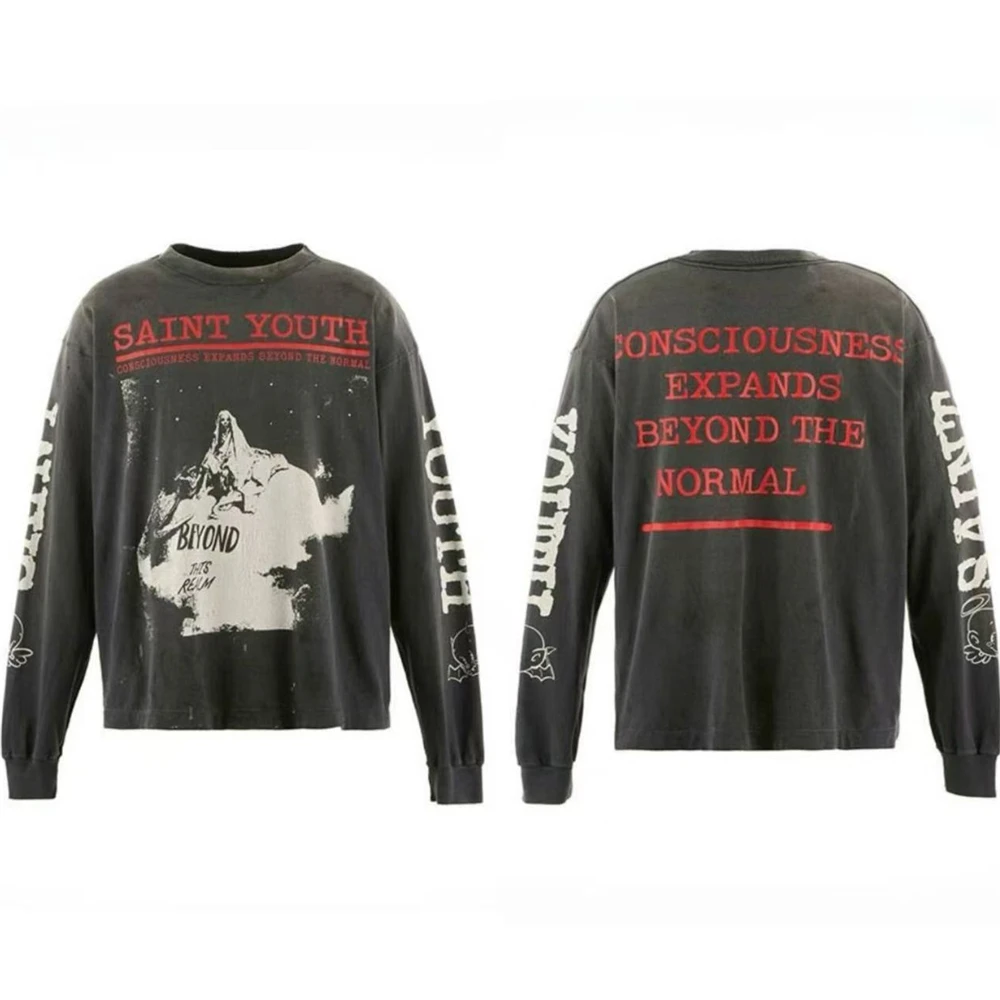 

Винтажная свободная футболка с длинными рукавами SAINT YOUTH 25AW для мужчин и женщин, красивая футболка из стираной тяжелой ткани, футболки