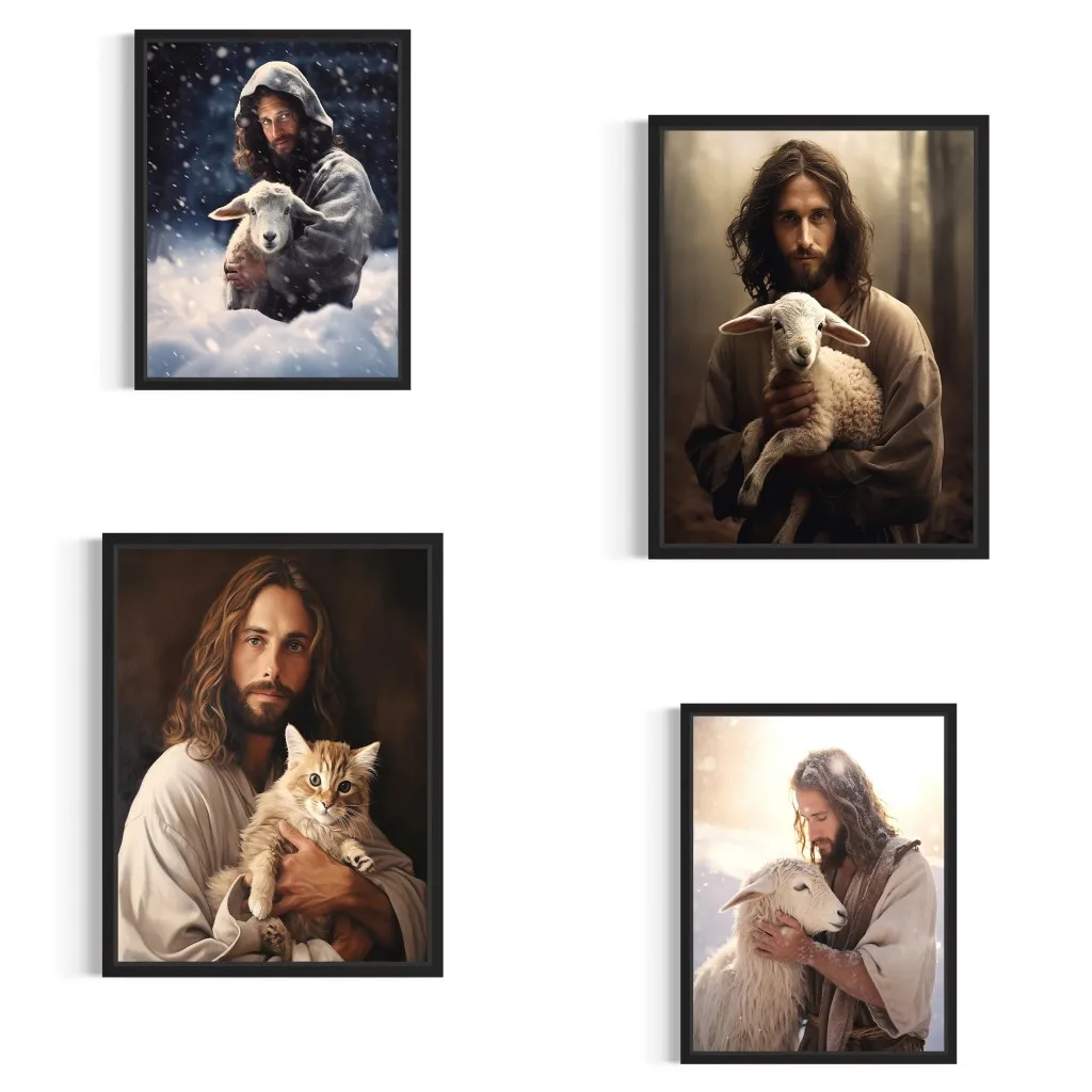 Christian Religion Wall Art Decoration Artwork Jesus and Lamb Cat Poster and Print Charitable Crist Canvas Painting