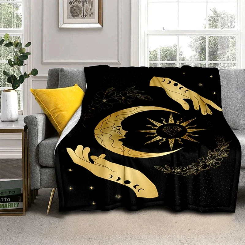 Hand Moon Magic Divination Flannel Throw Blanket Gold Colour Pattern Blanket for Bed Sofa Couch Lightweight Comfortable Warm