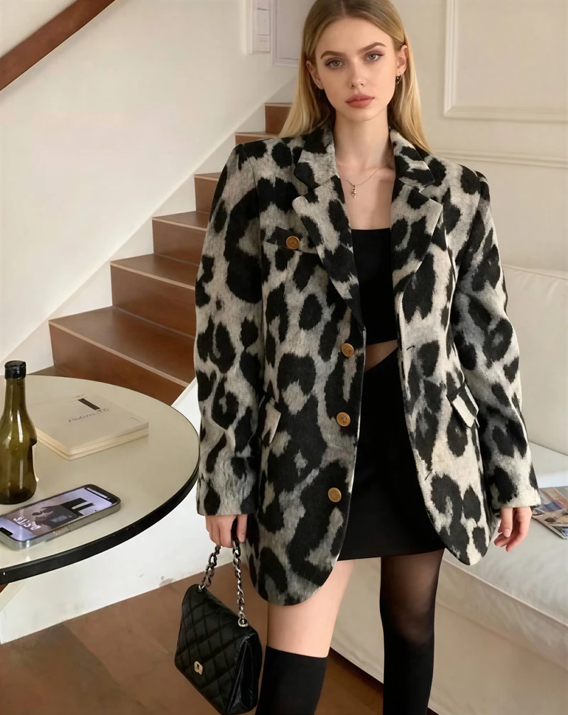 

Wool Blend Coats Womens Woolen Coat Print Fall Suede Notched Collar Double-Breasted Elegant Mature Chic Style Office Lady Casual