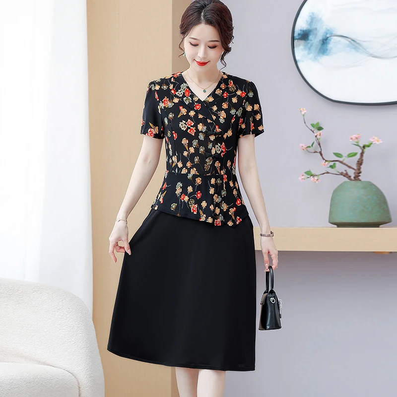 Summer Fashion Flower Print Dress 2024 New Plus Size Short Sleeved Clothing Classic Gardenia Rose Women\'s Wear