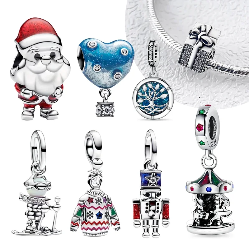 

New 925 Silver Christmas Tree Santa Carousel Charms Heart Exquisite Beads Fit Original Bracelet Diy Fine Jewelry Gifts for Women
