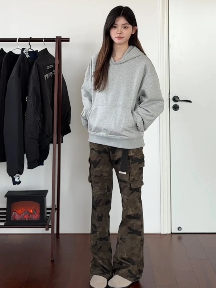 

Trendy Camouflage Work Pants Men's Autumn Winter High Street Logging Flared Pants American Retro Vibe Jeans Boys