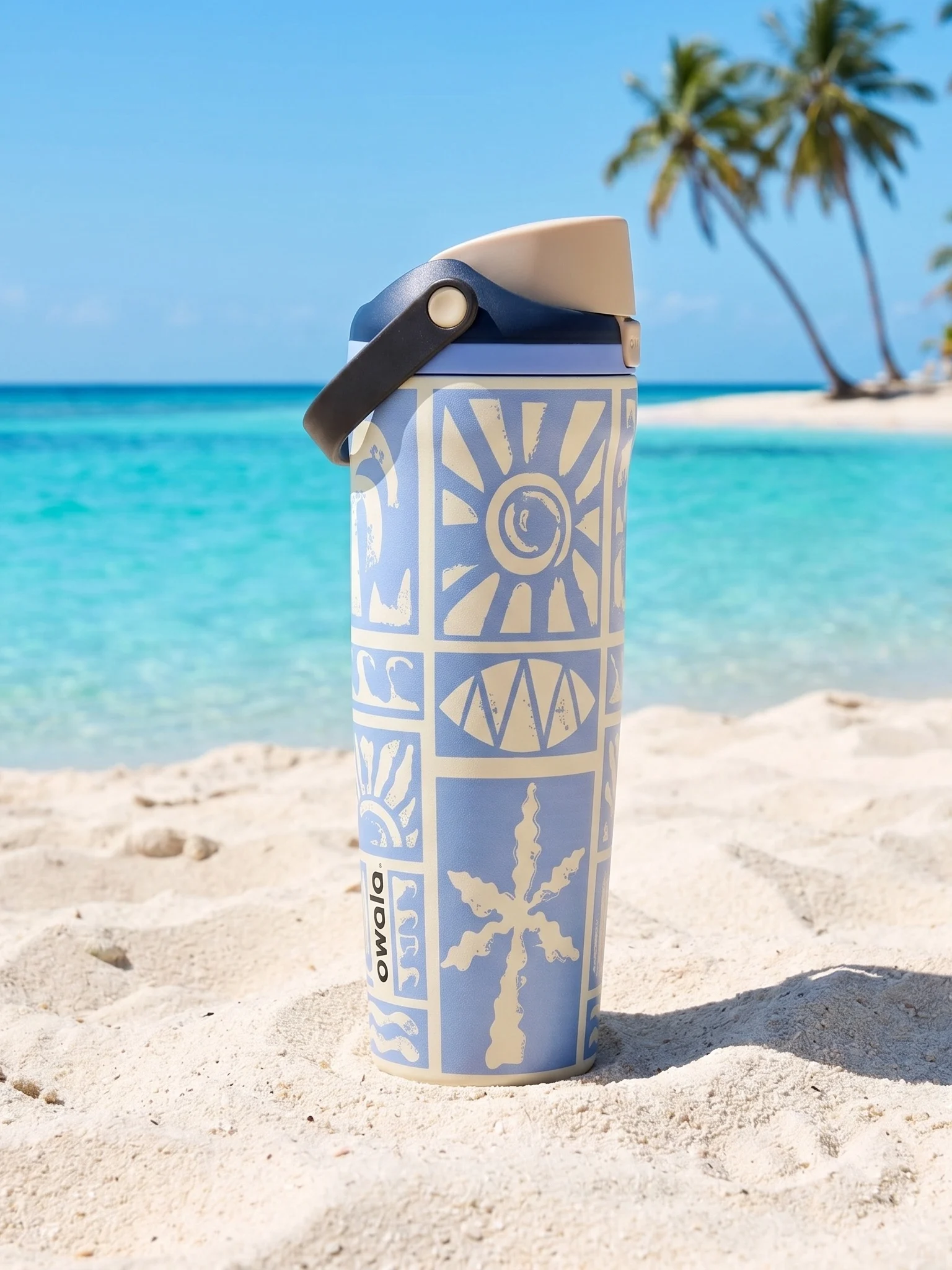 

Owala Tropical Coconut Tree Print Thermal Cup Handle Leakproof Double Drink Mouth Large Capacity 30oz Office Commute Vacation
