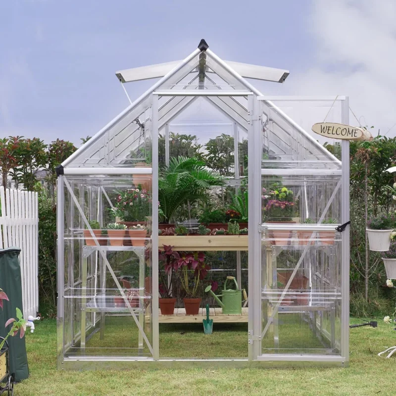 6x8 FT Hybrid Polycarbonate Greenhouse With 2 Vent Window, Aluminum Greenhouse For Outdoor With Lockable Hinged Door