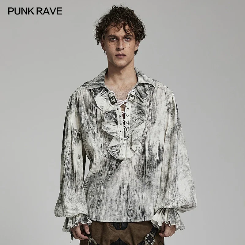 PUNK RAVE Men's Gothic Tie-dyed Jacquard V-neck Shirt Gorgeous Party Club Lantern Sleeves Loose Tops Spring/Autumn  for Men