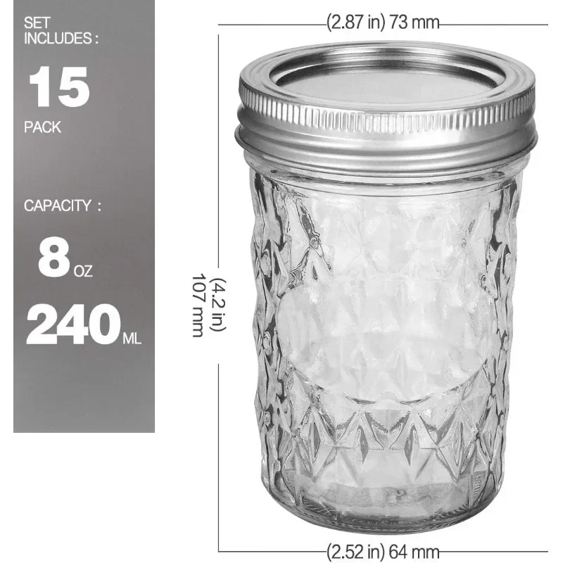 Mason Jars 8 OZ, 8 OZ Canning Jars Jelly Jars With Regular Lids, Ideal for Jam, Honey, Wedding Favors, Shower Favors, 15 PACK